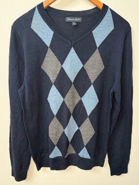 Garnet Scott Merino Wool Argyle Sweater Navy Blue V Neck Preppy Small